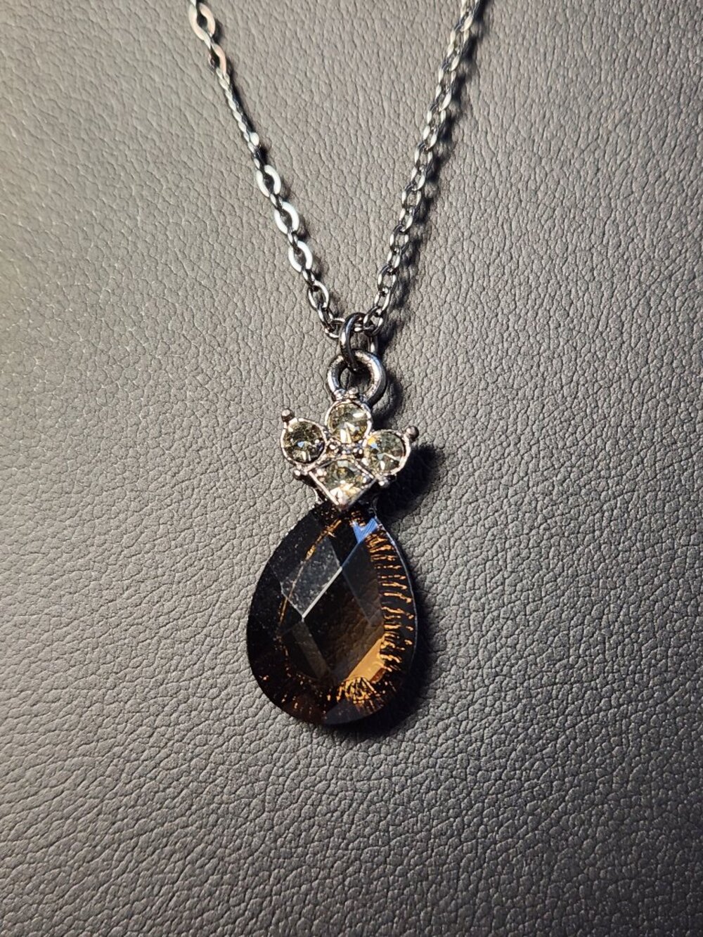 VTG Vintage Antique Style Smoky Crystal Teardrop Necklace 16" W/ extender